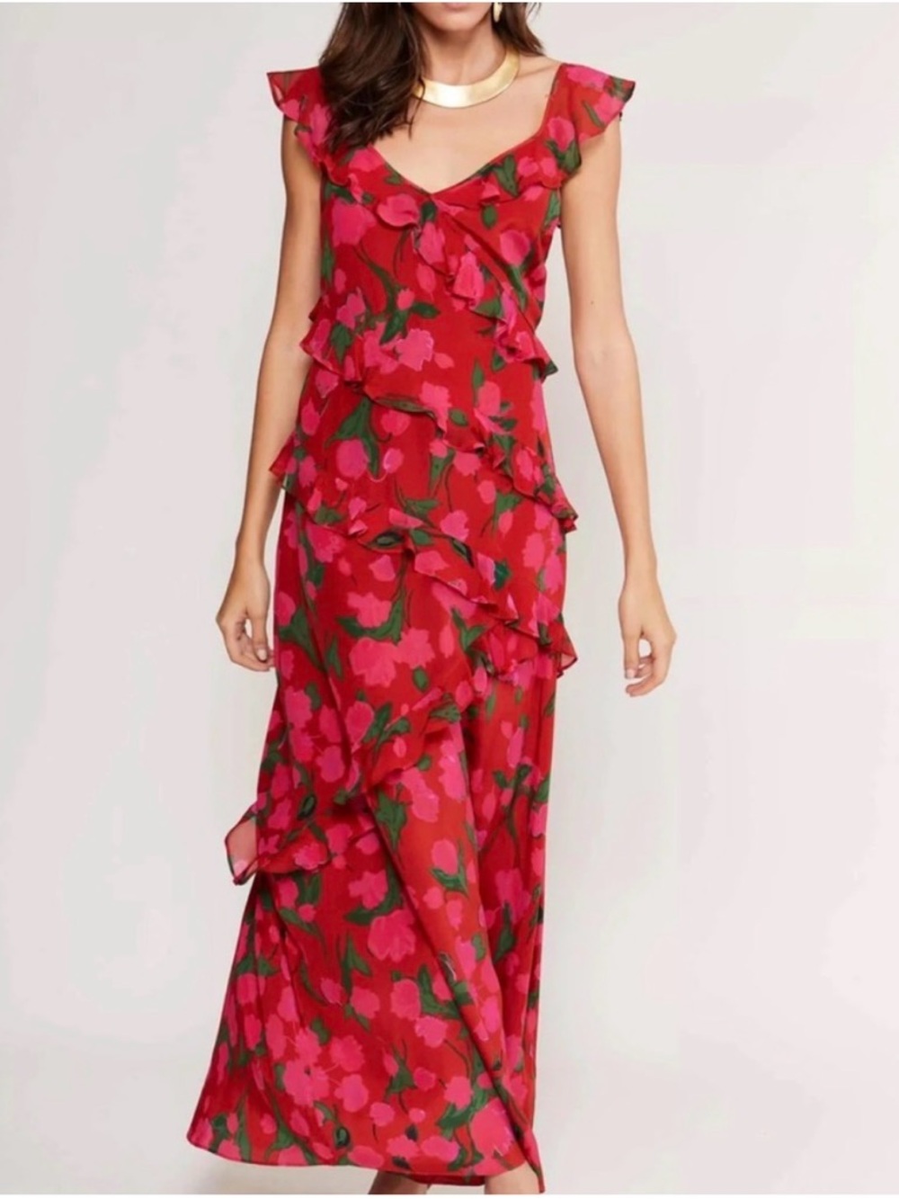 Rixo Gail Floral Ruffle Backless Maxi Dress Red Pink Size 8/Medium